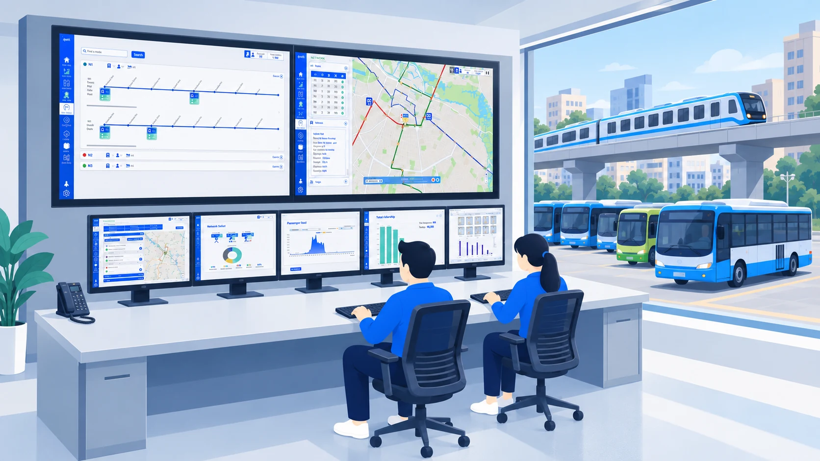Transit operations control room monitoring passenger-counting data across buses and metro services